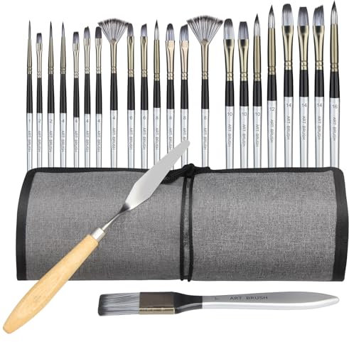 Acrylpinsel-Set 24 Stück Hochwertige Synthetische Künstlerpinsel mit Pinseltasche und Palettenmesser Malerpinsel Set Geeignet für Acrylfarben, Aquarell, Ölmalerei, Gouache, Steinmalerei, Body Painting