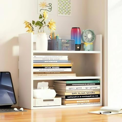 AUSHOPLAH Schreibtisch-Organizer-Regal - Holz-Bücherregal für Büro-Aufbewahrung (Weiß, 42X17X40CM) E127