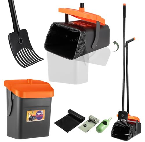 Faankiton Hundekotschaufel Schwenkbehälter Rechen Spaten, Drehbarem Hundekotsammler Hundekotpicker, Kotschaufel und Rechen-Set 46 Länge Griff Hundekotschaufel und Harke Set mit 35 Abfallbeuteln