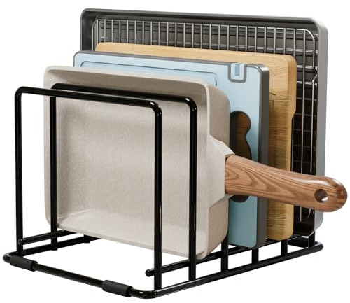 WUGEUSCH Kitchen Pan Organizer and Pot Rack, 5-Slot Steel Holder for Thin Pans, Baking Trays, and Cutting Boards - Space-Saving Storage
