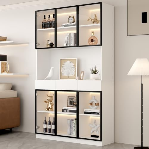 Curio Vitrin med ljus, förvaringshyllor med popup-glasdörrar, 1 stor låda och 16 färger ljus, samlarobjekt skåp displayhylla, bokhylla vitrinskåp för vardagsrum (30 x 120 x 200 cm)