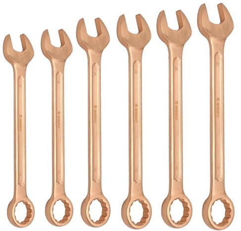 WEDO Juego de llaves combinadas sin chispas, juego de llaves de herramientas de seguridad estándar en pulgadas de 15/16 a 1-1/4 pulgadas (6 piezas) con bolsa rodante, cobre berilio, no magnético, DIN