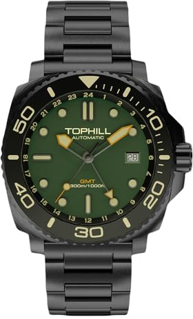 TOPHILL Armbanduhr Herren Automatik, Men Watch Profi-Tauchuhr, Wasserdicht Bis 300 Meter, Superluminova, Automatic Watch NH34Uhrwerk, Mit Datumsfenster, GMT (Schwarz)