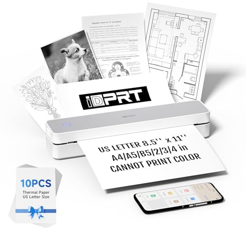 iDPRT Imprimante portable sans fil de voyage - Prise en charge de l'imprimante mobile Bluetooth 203DPI pour lettre US de 8,5 x 11, sans encre, compatible avec iOS, Android, ordinateur portable pour