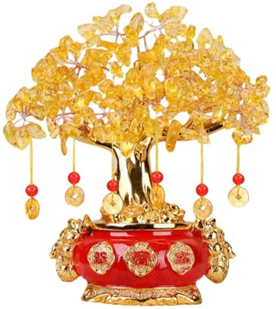 Wcxixo Crystal Money Tree with Treasure Bowl Citrine Tree Hangs Lucky Cold Coins Feng Shui Bonsai Style Decoration for Tabletop Home Office Store
