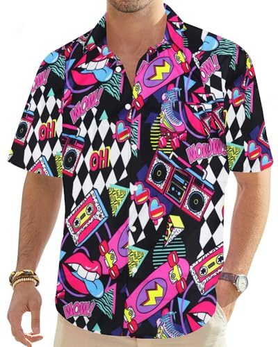 Hohololo 80er Vintage Hemd für Herren 70er Disco Hemd Party Kostüm Herren Retro Klassisches Hawaii Hemd, 5XL