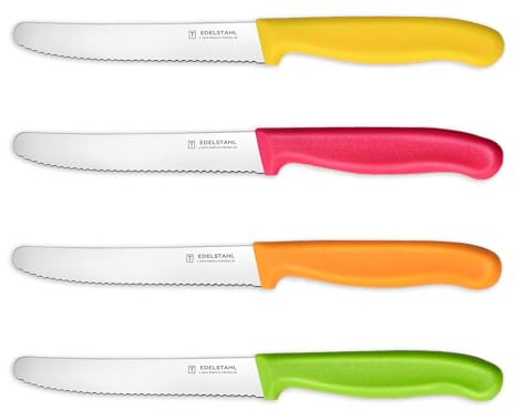 targzier Tomato Knives Set of 4,Stainless Steel Utility Knife,Serrated Kitchen Knife,Multicolor Tomato Knifes,Fruit Knife&Small Bread Knife,Robust Plastic Handle,Yellow&Pink&Orange&Green