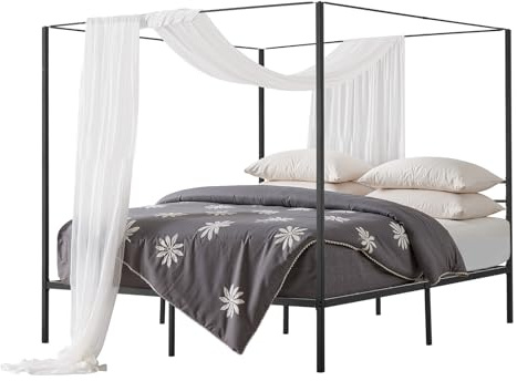 VEVOR Letto a Baldacchino King Size, Letto in Metallo con Testiera Minimalista a 4 Baldacchini, Robusto Supporto a Doghe in Acciaio, Struttura in Rete, Non Necessita di Materasso a Molle, Nero