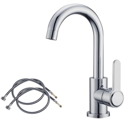 Kitchen Mixer Tap Small Kitchen Sink Faucet Single-Handle Monobloc Mixer Taps with 360º High Arc Swivel Spout Bar Sink Tap 1 Hole Bathroom Basin Faucet with UK Standard Hoses | Chrome