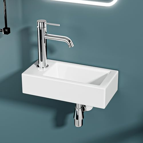 DILECI – Vasque Lave-Mains Compacte Sortie Gauche 36,5x18x9 cm – Lavabo Rectangulaire en Céramique Blanche – Idéal Petits Espaces, Toilettes, WC et Coins Exigus – Installation Facile