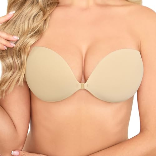 ZAIQUN Invisible Stick on Bra Cups for Women Strapless Backless Sticky Bra Push Up for Large Breasts Comfortable and Resusable Adhesive Bras for Evening Dress and Wedding Dress Beige