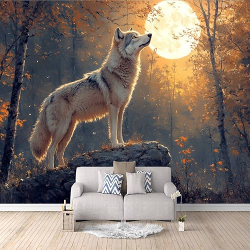 Fototapete 3D Wolf Vlies Tapete Fototapeten Herbstwald, Ölgemälde-Stil Wandtapete Moderne Wandbild Fototapete for Schlafzimmer Wohnzimmer, Flur, TV Hintergrund Wand, 400×280cm (BxH)