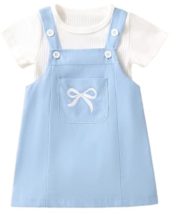 JENJON Conjunto Falda con Tirantes para Niña Recién Nacida camisetas de manga corta con cuello redondo liso y bordado lazo/flores 2 Piezas verano Ropa Lazo Azul 18-24 Meses