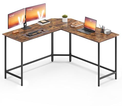VASAGLE Schreibtisch, L-förmiger Computertisch, 140 x 140 x 76 cm, Eckschreibtisch, platzsparender Bürotisch, Gaming, Homeoffice, einfacher Aufbau, vintagebraun-tintenschwarz LWD73XV1
