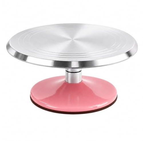 Piatto girevole per torte in lega di alluminio da 30,5 cm, supporto rotante per decorazione torte con base rosa rimovibile antiscivolo e cerchi concentrici, rotazione liscia a 360 gradi per cottura
