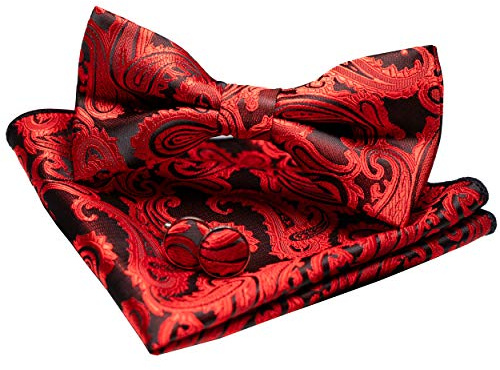 JEMYGINS Paisley Fliege und Einstecktuch mit Manschettenknöpfe Sets für Herren