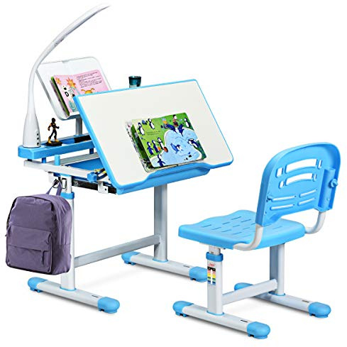 COSTWAY Bureau Enfant Ensemble Table et Chaise pour Enfants avec Lampe Hauteur Réglable Plaque de Table Inclinable pour Etude Travail Charge Max 80KG (Bleu)