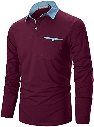 GNRSPTY Poloshirt Herren Langarmshirt Basic Polohemd Denim Nähen Casual Baumwolle Golf Tennis T-Shirt,Rot,XXL