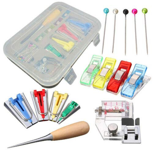 Schrägband Maker Kit Vogueing Tool 60-teilig Nähen Quilten Maschine mit verstellbarem Binderfuß, Nähahle, 50 Kugelnadeln für DIY Nähen Basteln Quilten