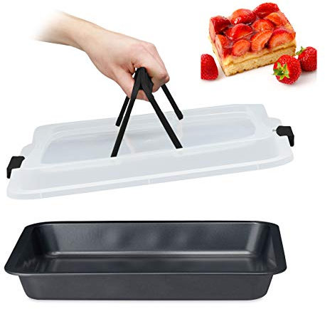 Relaxdays Teglia con Coperchio, Contenitore Rettangolare per Alimenti, con Impugnature, 3in1, LxP 40x33 cm, Nero/Grigio, 1 pz