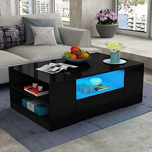 Gloss Coffee Table with Led for Living Room, Modern Wooden Side Table Black