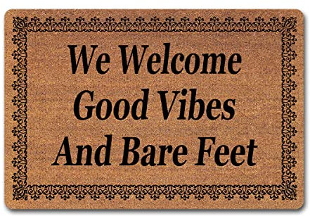 Lustige Fußmatte mit Aufschrift We Welcome Good Vibes and Bare Feet, Monogramme, lustige Fußmatten für den Eingangsbereich, rutschfest, Gummi, Innendekoration, Teppich 60.2 cm (L) x 40.4 cm (B)