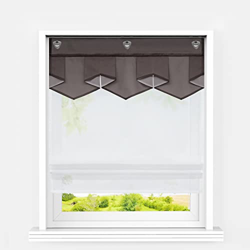 Heichkell Voile Raffrollo mit U-Haken Doppelschichtige Raffgardine Rautenförmige Blende Faltenrollo Hakenaufhängung ohne Bohren Gardinen Küche Braun BxH 80x140 cm
