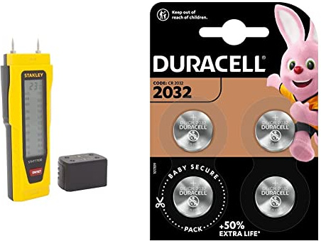 Stanley 0-77-030 Testeur/Détecteur d'Humidité, Précision 2%, Équipé de Broches en Inox Filetées & Duracell 2032 Pile bouton lithium 3V, lot de 4, avec Technologie Baby Secure, pour porte-clés