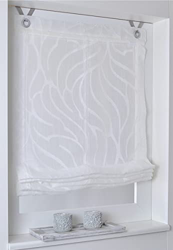 Lichtdurchlässiges Raffrollo Ösenrollo Lina weiß. Modernes Scherli Dessin Weiß/Leinen Struktur. Raffgardine mit Hakenaufhängung, incl. Fensterhaken. (BxH 80 x 135 cm)