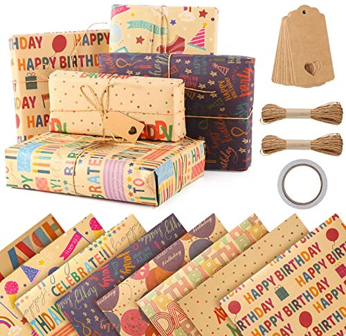 Geschenkpapier Geburtstag Set, 8 Blatt 70x50cm Geschenkpapier Kinder mit Klebeband 2 Hanfseile 8 Kraftpapieranhänger Wrapping Paper Geschenk Papier für Männer Frauen Mädchen Junge
