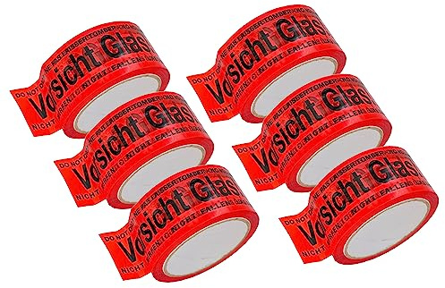 BIGtec 36 Rollen Paketklebeband Vorsicht Glas Klebeband Packband Paketband Verpackungsband Kartonband Standard 66m lang 48mm breit rot Verpackungsmaterial Paket Karton