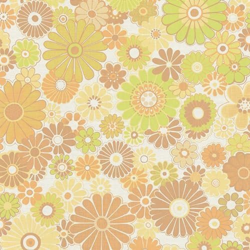 Retro Floral Pattern Wallpaper - Lime Green Orange - Textured Modern Flowers Petals - Paste The Wall