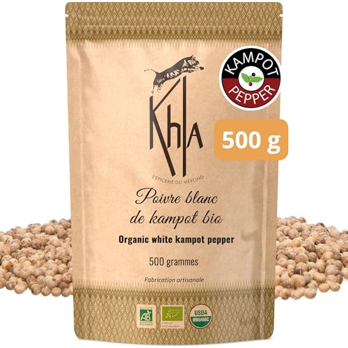 Khla - Poivre Blanc de Kampot Bio - Sachet Vrac Poivre en Grains 500g - Recharge Moulin - Grand Cru, Fort & Puissant - Ingrédient Cuisine - Direct Producteur - Épice Asie - Origine Cambodge