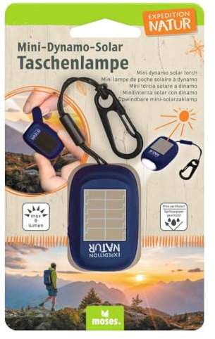 moses. Expedition Natur Mini Dynamo Solar Linterna Infantil Batería Recargable Linterna con Manivela y Panel Solar Linterna de Manivela con 3 LED brillantes y correa de mano
