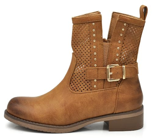 IF Fashion Stiefel Biker Motorradstiefel Damen perforiert mit Schnallen Frühling Sommer Kunstleder Jeans Optik GR-6656, 677 Camel, 38 EU