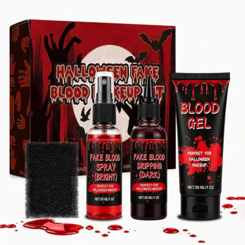 Kunstblut Halloween Schminke Erwachsene Fake Blood Set with Realistisch Blut Spray, Blood Gel,Make Up Set für Abwaschbar Wunden Narbe Haut, Kleidung, Vampire, Spezialeffekt, Halloween Kostüme Damen