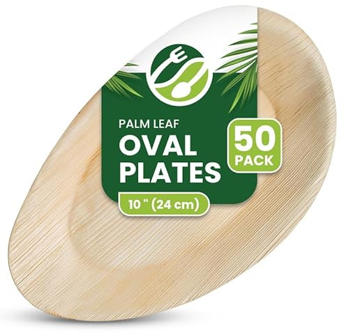 Eco Leaf 50 Disposable Palm Leaf Plates | 10 (25cm) Oval Large Compostable Plates | Eco-Friendly, Biodegradable Heavy-Duty Plate for Wedding, Party and Picnic | Microwave & Oven Safe