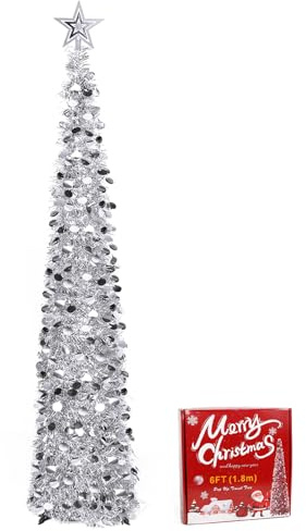 HOTOOLME 180cm Pop-Up Weihnachtsbaum mit glitzernden Pailletten & Sternspitze, Faltbarer Lametta-Christbaum für Innenbereich Weihnachtsdeko für Zuhause & Partys, wiederverwendbar & einfach aufzubauen