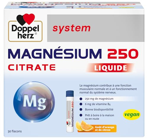 Doppelherz system MAGNÉSIUM 250 CITRATE LIQUID - le magnésium soutient la fonction musculaire normale et le fonctionnement normal du système nerveux - 30 flacons à boire