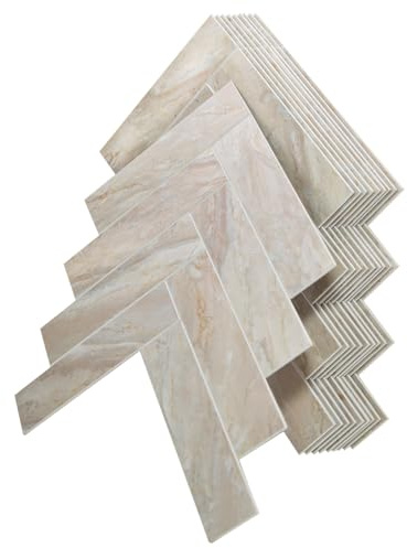 DEDECO 20 massive Klebefliesen in Fischgräten-Optik, Farbe: Beige, aus robustem Stein-Komposit (SPC) – selbstklebende Wandfliesen, wasserfest & pflegeleicht, ideal für Bad & Küche, Fliesenersatz