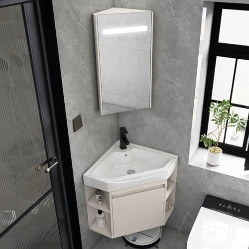 Eckwaschbecken mit Spiegelschrank, Wandmontage, Waschtisch für kleine Räume, Keramikspüle & Aufbewahrungsbehälter, kompakter, freistehender Schrank (43 cm)
