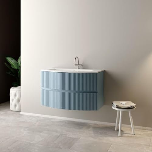 Mobo Mobile bagno sospeso curvo senza specchio Modello Santi, Larghezza 90 cm, con lavabo, chiusura Soft Close, Azzurro Polvere