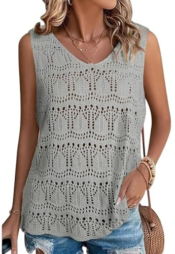 LCDIUDIU Débardeurs Au Crochet pour Femmes, Jaunes, sans Manches, Col en V, Ajouré, Transparent, en Tricot Au Crochet, Décontracté, Bohème, Plage, Pull Court, Gilet Gris M