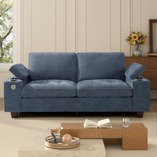 KIMOLST 84 Loveseat for Living Room,Modern Chenille Upholstered 2-Seater Loveseat Couch for Apartment,Solid Wood Sofa with Adjustable Storage Armrest,Cup Holders,USB & Type-C Ports(Blue)