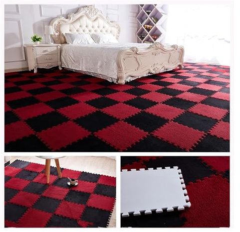 Plush Foam Floor Mat,10pcs 30x30cm Interlocking Puzzle Carpet Square Fluffy Tiles,DIY Cuttable Play Mat Area Rugs,soft Foam Mats For Living Room,Bedroom And Hard Floor(Red+Black)