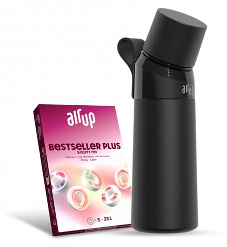 air up Twist Pro Flasche Steel Starter Set Original aus Edelstahl inkl. Pods in 5 Geschmacksrichtungen, zuckerfrei I 480ml Isolierflasche mit Geschmack, hält Wasser 14 Std. kalt I Schwarz