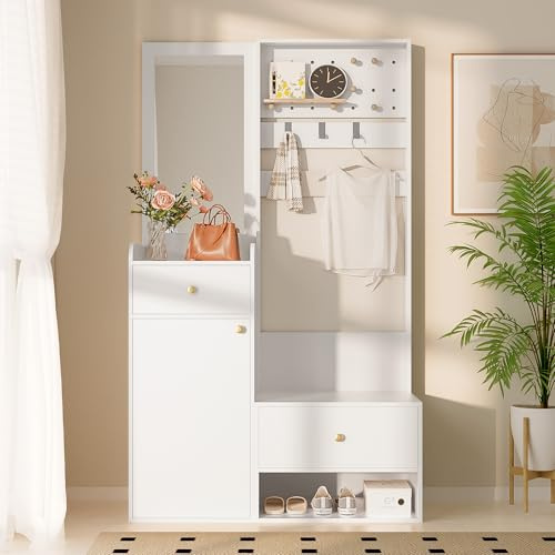 Gxffipw Garderobe Set mit Spiegel und Sitzbank, Garderobenset mit Wandgarderobe und Schubladen, Flurgarderoben Set mit Verstellbaren Haken, Flur möbel, Garderobenschrank, Weiß, 105×38×180 cm