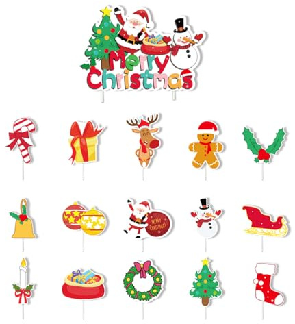 Wellrun 16PCS Christmas Cake Toppers Set,Festive Dessert Decorations,Xmas Cupcake Decorations,Santa Snowman Elk for Merry Christmas