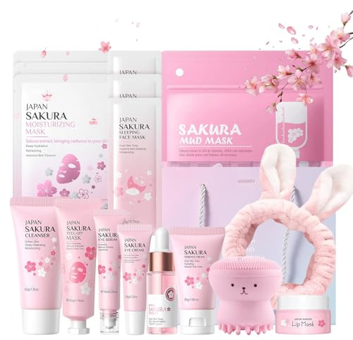 Sakura Skincare Set gåvor för kvinnor, Sakura Skin Care Set – ansiktsvård skönhetsset flickor, hudvårdsset rengöring och närande – med serum, kräm, ögonkräm, slammask (28 st)