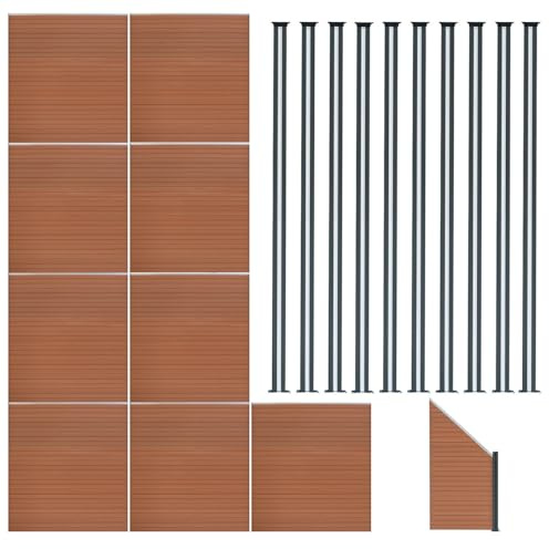 WPC Sichtschutzzaun x9, Eckstück x1 & Aluminium Zaunpfosten x10, Steckzaun Braun Doppelseitig Holzmaserung Lattenzaun Garten Einfahrt Sichtschutz 185cm x 16,57m, Solarbetriebene LED-Beleuchtung